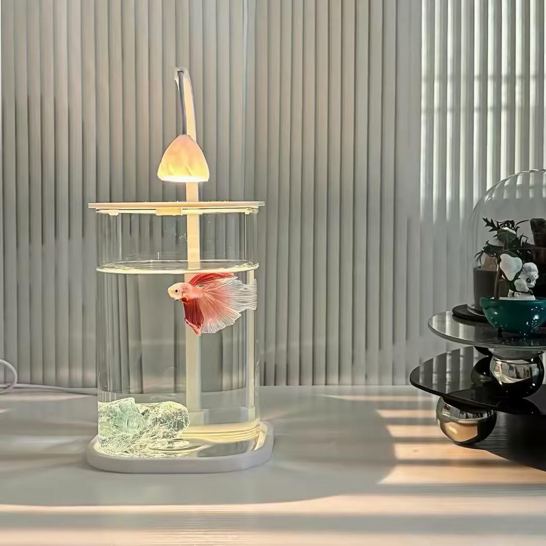 Planted Aquarium Betta - 360 ° パノラマクリアデスクトップ水槽 ミニアクアリウム LEDライト装飾付き 小型透明テラリウム
